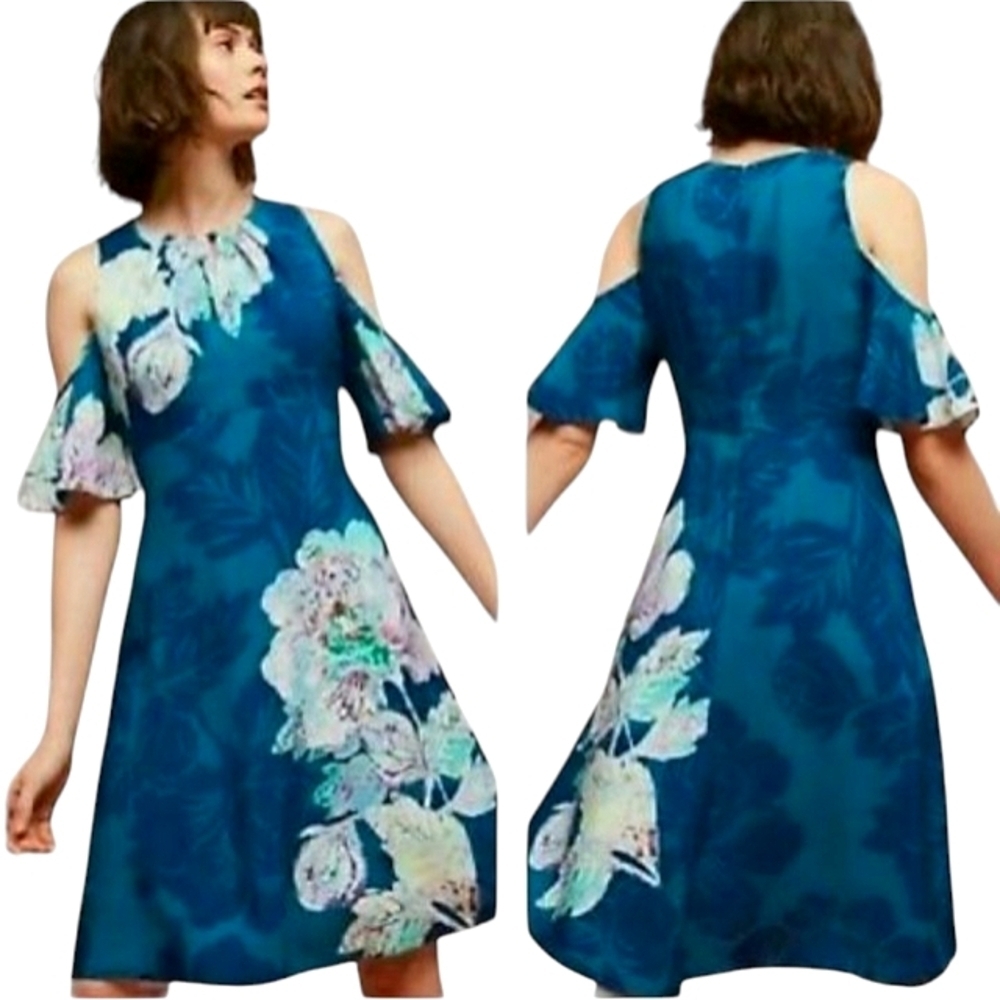 Anthropologie Maeve Elia Floral Open Shoulder Teal Botanical Midi Dress Size 8